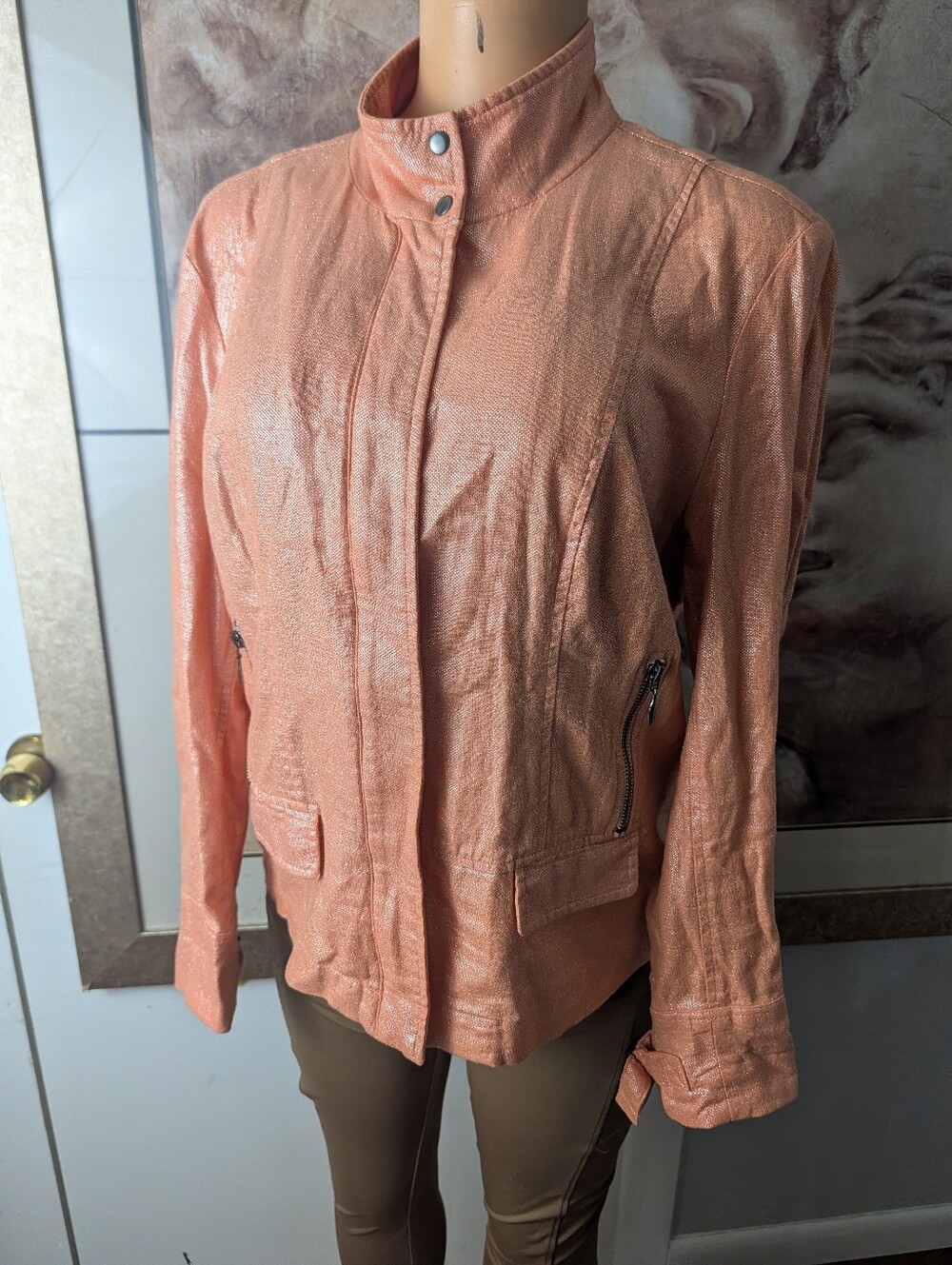 Multiples Metallic Linen Blend Jacket Peach/Coral Shimmer Zip Utility Size M